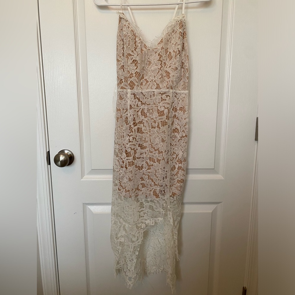 Vici, lace overlay white midi dress. Size small.